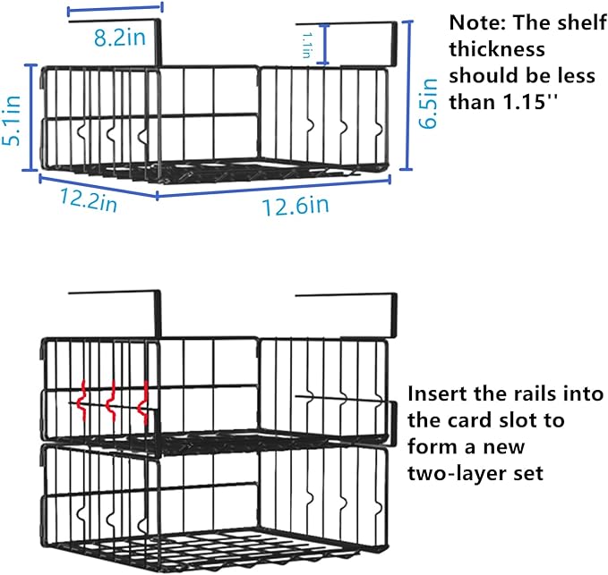 Under Shelf Basket Storage 2Pack - 11.8in Metal Under Cabinet Shelf, Hanging Wire Basket Shelves, Undershelf Storage Basket for Kitchen Pantry Bookshelf
