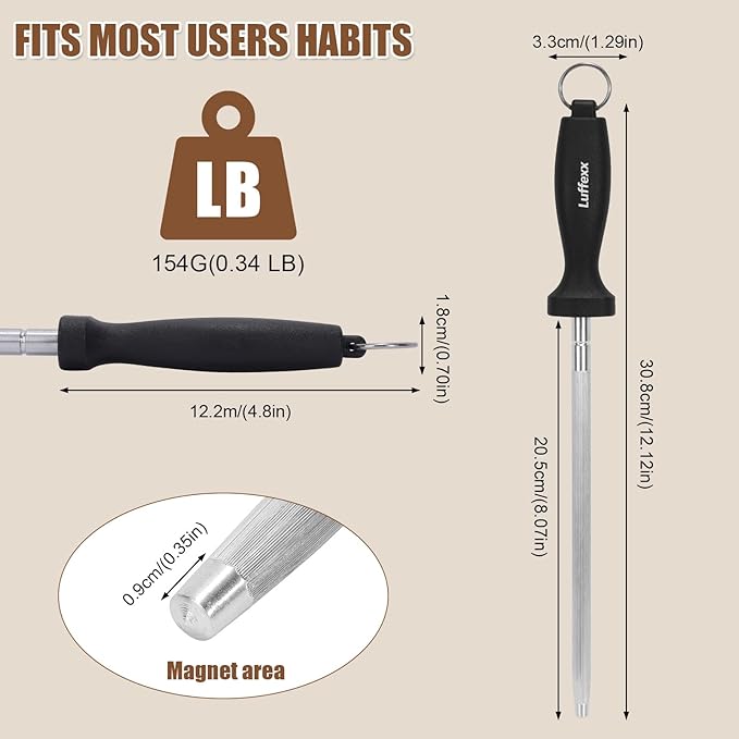 Professional 12-Inch Knife Sharpening Rod, High-Carbon honing rod to Sharpen the Knife Quickly, Perfect Knife Sharpener for Chefs and Home Cooks, Easy to Use & Sturdy