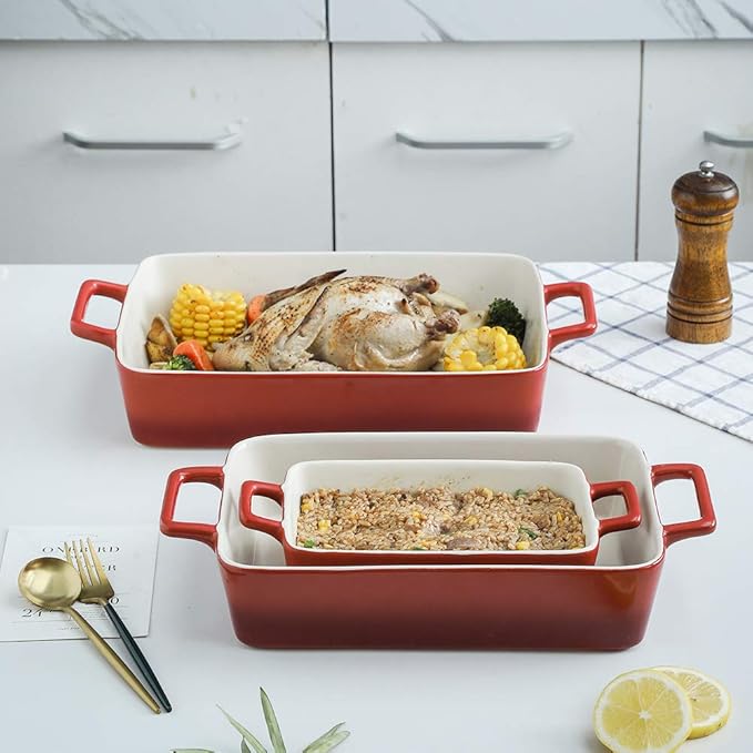 KOOV Bakeware Set, Ceramic Baking Dish, Rectangular Baking Pans Set, Casserole Dish for Cooking, Cake Dinner, Kitchen, Wrapping Upgrade, 12 x 8.5 Inches, 3-Piece (Gradient Red)