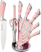 Kitchen Knife Set, Retrosohoo 9-Pieces Pink Sharp Non-Stick Coated Chef Knives Block Set,Stainless Steel Knife Set for Kitchen with Sharpener for Cutting Slicing Dicing Chopping (Pink)