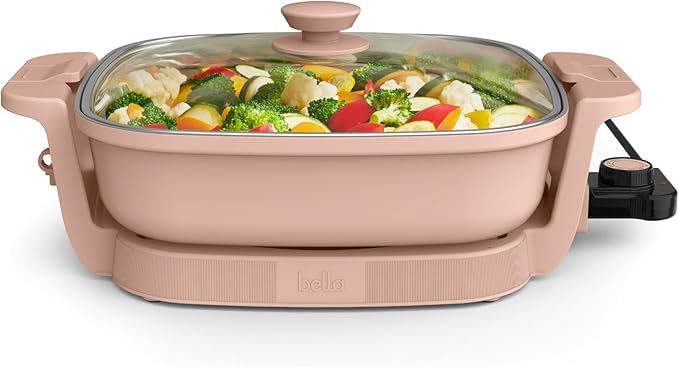 bella Make & Take Electric Skillet, Fits-anywhere™ kitchenware, EverGood™ Ceramic Coating, Adjustable Temperature & Dishwasher-Safe Tempered Glass Lid, Cast Aluminum Base, 1200 Watt, Blossom