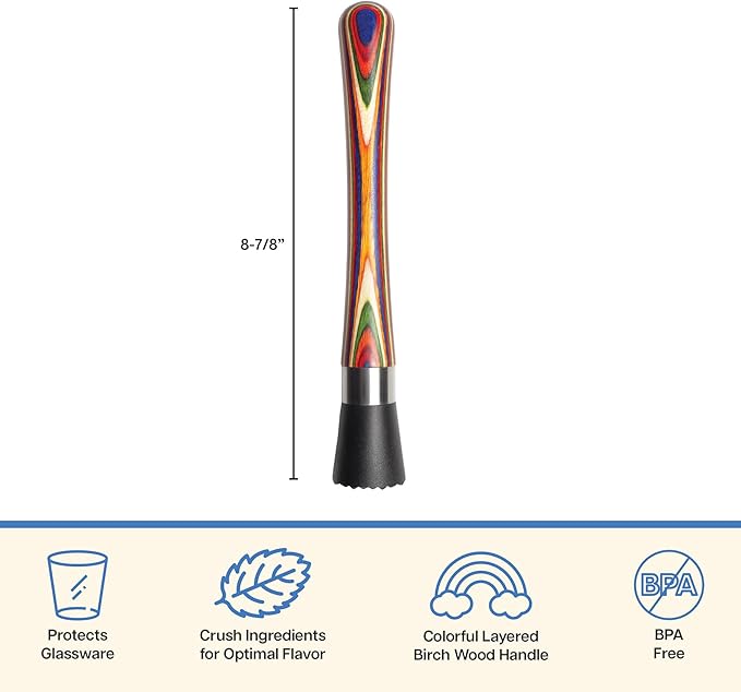 Baltique Marrakesh Collection Wooden Muddler for Cocktails – Colorful Birch Wood Handle with Non-Scratch Head, Perfect for Mojitos, Old Fashioneds & Home Bartending
