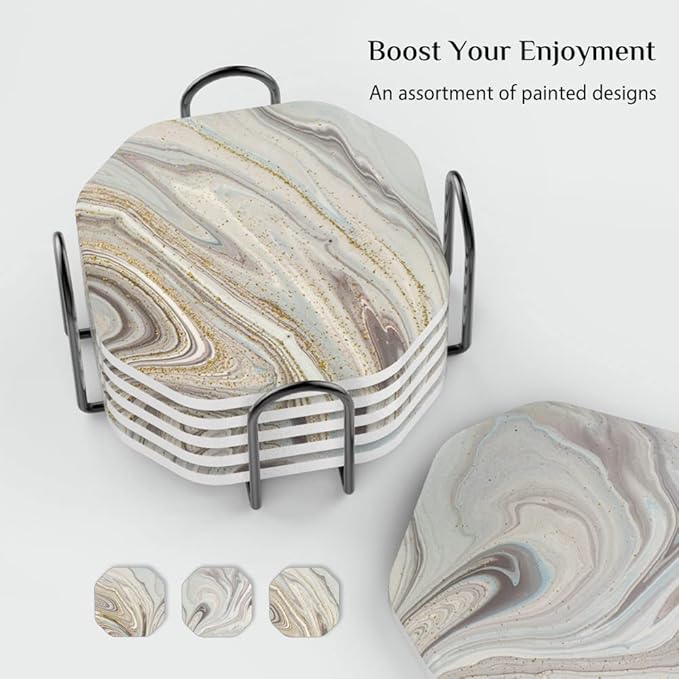 UMIRRO Ceramic Stone Coasters for Drinks Absorbent with Holder for Wooden Coffee Table, Stoneware Cup Coasters for Iced Cold or Hot Drinks, Moisture Socking, Marble Style, 4", Colorful, Gold, 6-Piece