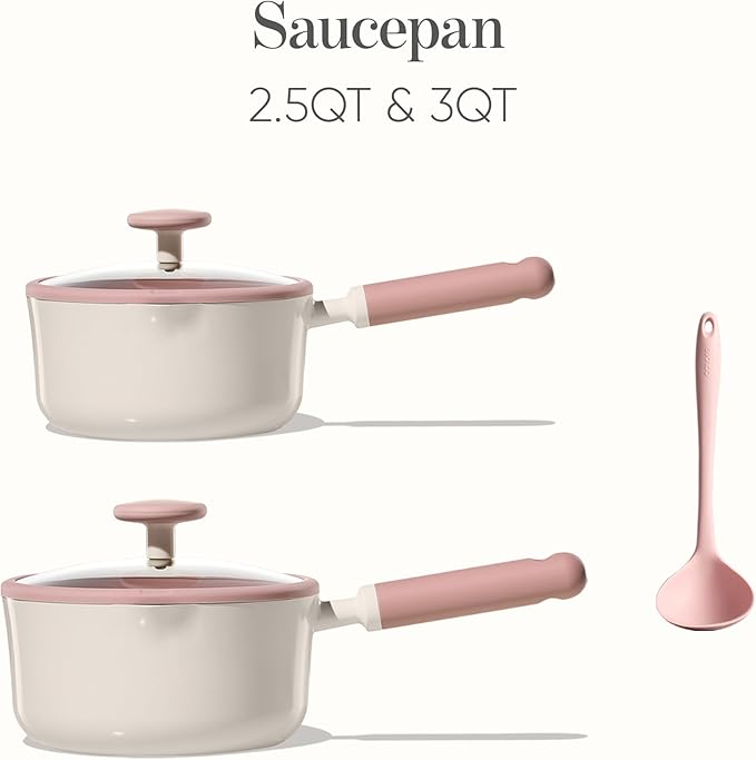 CAROTE 2.5QT & 3.0QT Sauce Pan Sets with Lid & Ladle Ceramic Nonstick Pot Set Non Toxic Saucepan with Stay-cool Handle Small Kitchen Cooking Pots, Easy to Clean, Induction Comptable, PFOA FREE
