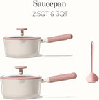 CAROTE 2.5QT & 3.0QT Sauce Pan Sets with Lid & Ladle Ceramic Nonstick Pot Set Non Toxic Saucepan with Stay-cool Handle Small Kitchen Cooking Pots, Easy to Clean, Induction Comptable, PFOA FREE