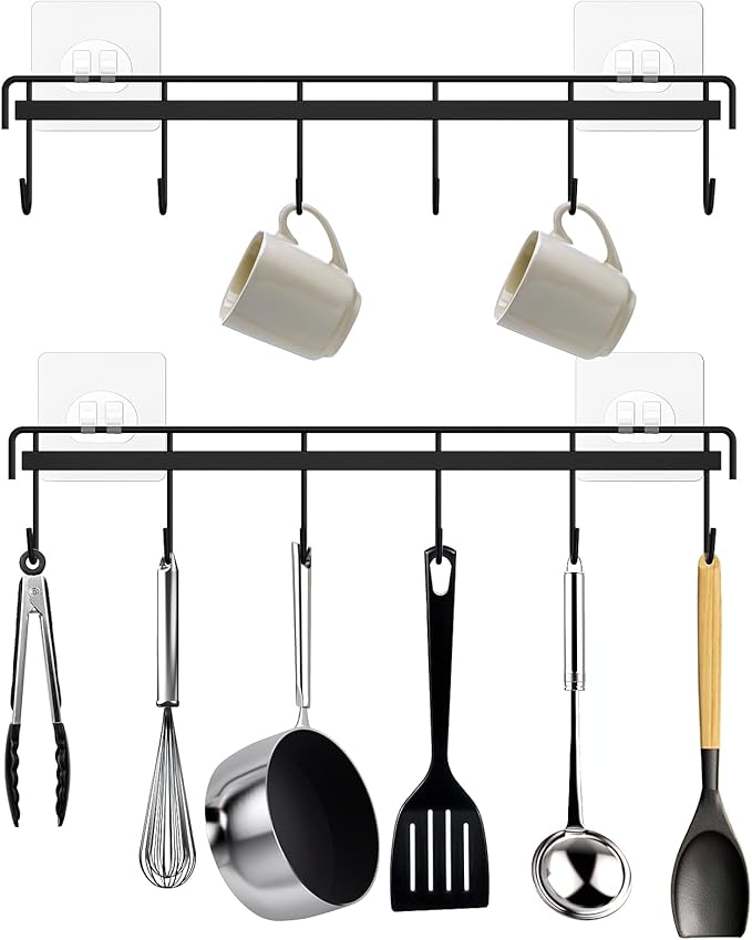 Kitchen Utensil Hanger, Adhesive Utensil Holder Wall Mount Kitchen Rack Rail with 12 Hooks, Space Saving and No Drilling, Black, 2 Pcs