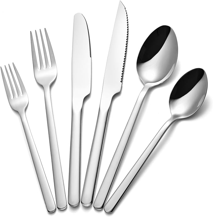 KINGSTONE 36-Piece Silverware Set with Steak Knives, Flatware Set for 6, Stainless Steel Tableware Cutlery Set for Home Restaurant, Mirror Finish,Modern Design