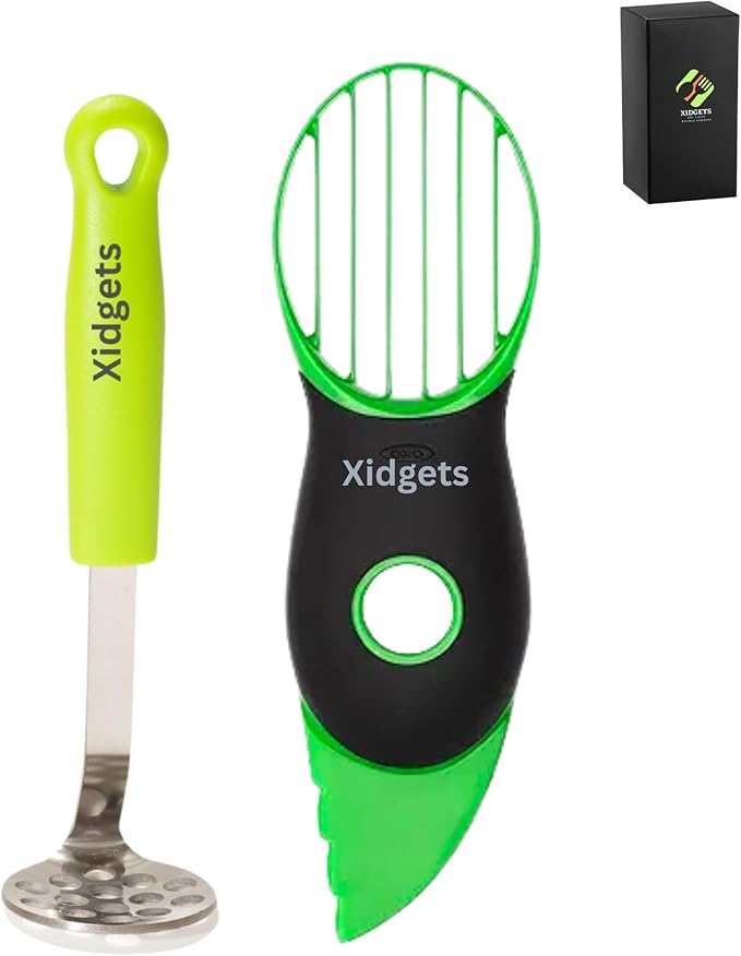 2pc Avocado Tool Set in Box - 3-in-1 Avocado Slicer with Cutter & Pit Remover + Mini Masher - Kitchen Utensil Gift Set for Guacamole Lovers by Xidgets (Zippy Green/Zippy Green)
