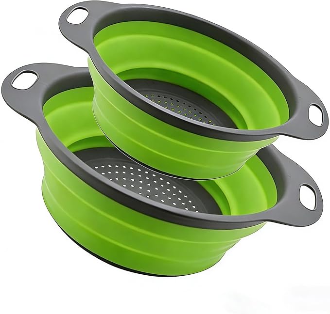 Collapsible Colander Set of 2, Folding Kitchen Strainers with Handles, Space-Saving Over-the-Sink Drainers for Pasta, Veggies & Fruit, BPA-Free, Dishwasher Safe, RV & Camping (Green)