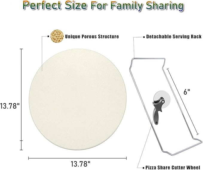 13 Inch Round Pizza Stones for Grill and Oven, Cordierite Baking Stones Set with Serving Rack & Cutter, Durable and Safe Cooking Stone Pan for Bread