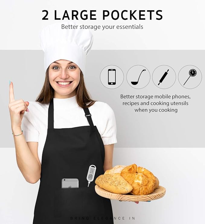 Syntus 12 Pack Bib Apron, Unisex Aprons Adjustable Thicker Version Waterdrop Resistant with 2 Pockets Cooking Kitchen Aprons for Women Men Chef, BBQ Drawing Apron Bulk, Black