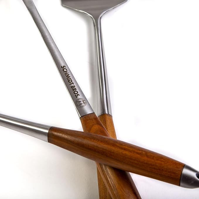 Schmidt Brothers - BBQ Bonded Teak 4 Piece Grilling Accessory Set, Full-Forged Stainless Steel Grilling Utensils Including Spatula, Fork, Basting Brush, and Tongs with All Wood Handles