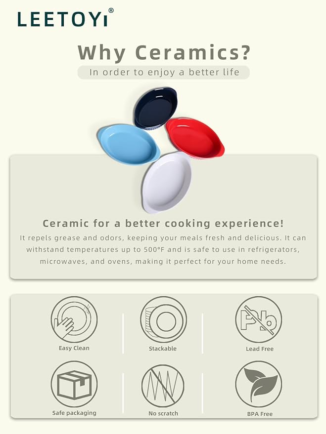 LEETOYI Porcelain Small Oval Au Gratin Pans, Baking Dish Set for 1 or 2 person servings, Bakeware with Double Handle for Kitchen and Home, Set of 2 (White)