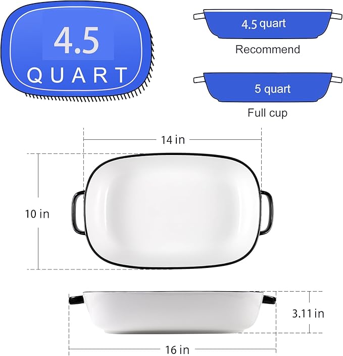 4.5 Quart Ceramic Baking Dish,Serving Bakeware for Casserole,Lasagna,Gratin,Broiling,Roasting,and Baking.Large Deep 14x10x3.11 inches Pan,Safe for Oven Microwave Refrigerator Disinfection Cabinet and