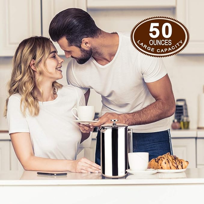Secura French Press Coffee Maker, 304 Grade Stainless Steel Insulated Coffee Press with 2 Extra Screens, 50oz (1.5 Litre), Silver