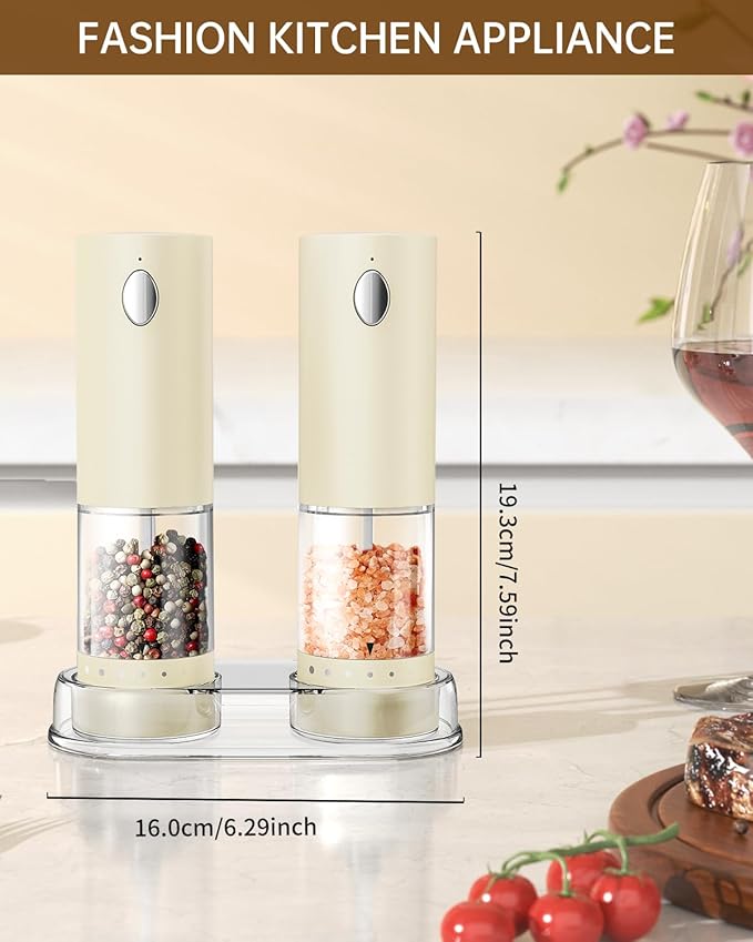 CIRCLE JOY Electric Salt and Pepper Grinder Set Rechargeable Salt and Pepper Mills with Storage Base, Adjustable Coarseness and LED White Light, Washable 95ml Container, Light Yellow