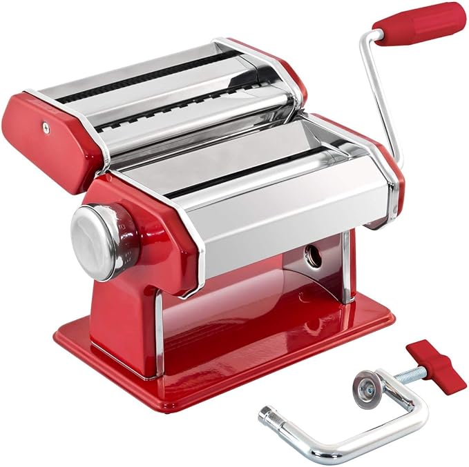 GOURMEX Stainless Steel Manual Pasta Maker Machine | With Adjustable Thickness Settings | Perfect for Professional Homemade Spaghetti and Fettuccini | Includes Removable Handle and Clamp (Red)