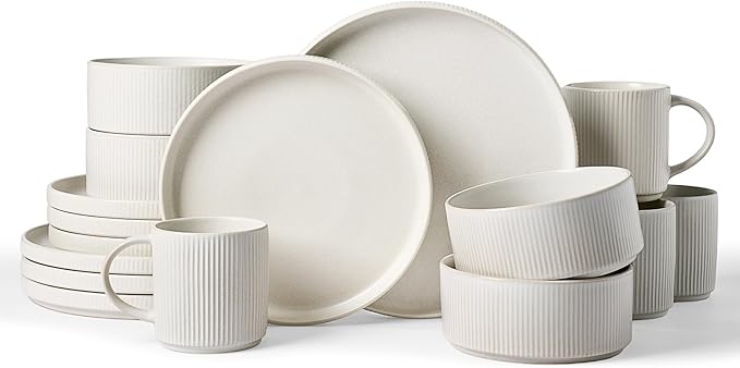 Famiware Star Dinnerware Set with Mugs, Service for 4 (16pcs), Ribbed Stoneware Plates and Bowls Dishes Sets - Chip & Scratch Resistant, Microwave & Dishwasher Safe, Matte White
