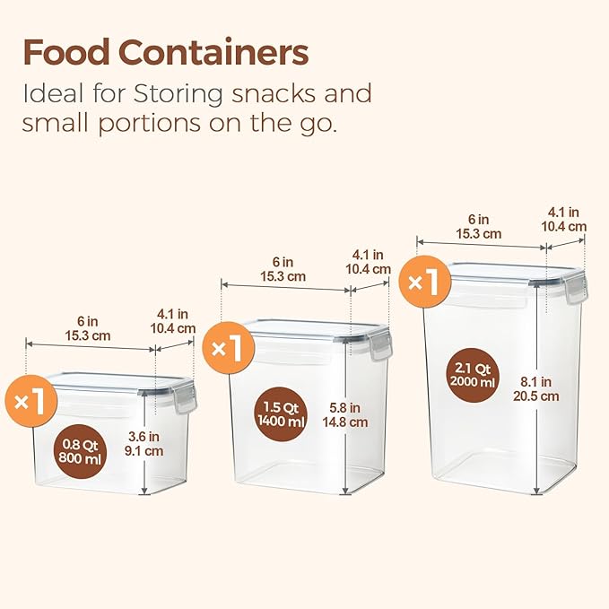 ComSaf Food Storage Containers with Lids Set of 3 (2L/2.1Qt) (1.4L/1.5Qt) (0.8L/0.8Qt), Airtight Food Storage Container, Plastic Canister Sets for Kitchen, Pantry Organizer for Sugar, Cereal and Snack