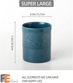 Fun Elements Kitchen Utensil Holder, 7.2" Super Large Utensil Crock Heavy and Stable Lace Emboss Ceramic Utensil Holder for Kitchen Counter (Grayish Blue)