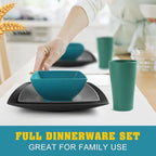 Teivio 48-piece Plastic Wheat Straw Square Dinnerware Set for 12, Unbreakable Dinner Plates, Salad Plates, Snack Bowls, Tumblers 13.5 oz, Dishwasher Safe,Outdoor Kitchen RV Dishes, Coastal Multicolor