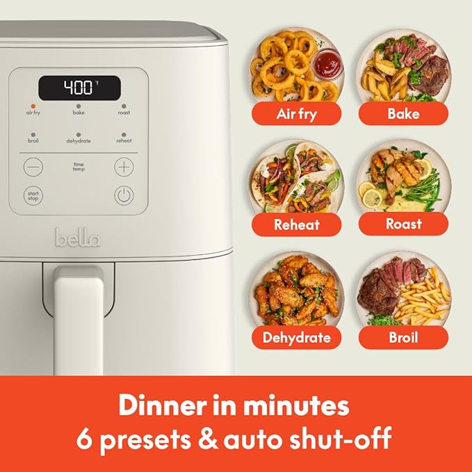 bella 4Qt Slim Air Fryer, Fits-anywhere™ Kitchenware, EverGood™ Ceramic Nonstick Coating, Adjustable Temperature, 6 Preset Cooking Options, 60 Min Auto Shutoff w Audible Tone, 3.3lb Capacity, Oatmilk