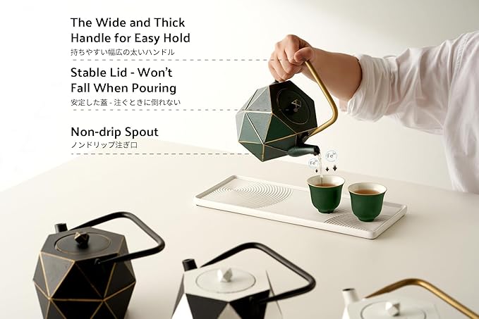 Toptier Cast Iron Teapot, Stovetop Safe Japanese Cast Iron Tea Kettle, Diamond Design Tea Pot with Removable Infuser for Loose Tea, 40 Ounce (1200 ml), Dark Green