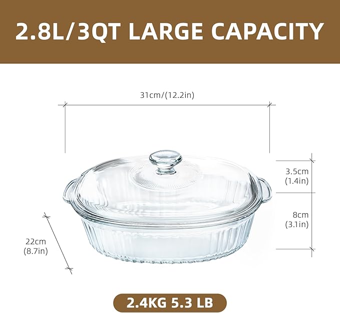 Luvan 2.8L/3Qt Glass Casserole Dish with Lid, Ribbed Oval Glass Baking Dish for Oven & Microwave, Clear Lead-Free Covered Casserole Cookware, Versatile Deep Glasses Food Container for Baking, Cooking