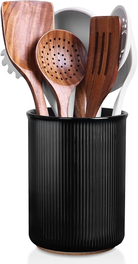 LoeJan Utensil Holder, Extra Large Utensil Crock, Stable Ceramic Utensil Organizer, Cooking Tool Organizer Set for Kitchen Counter Farmhouse Decor (F-6.7" Black)