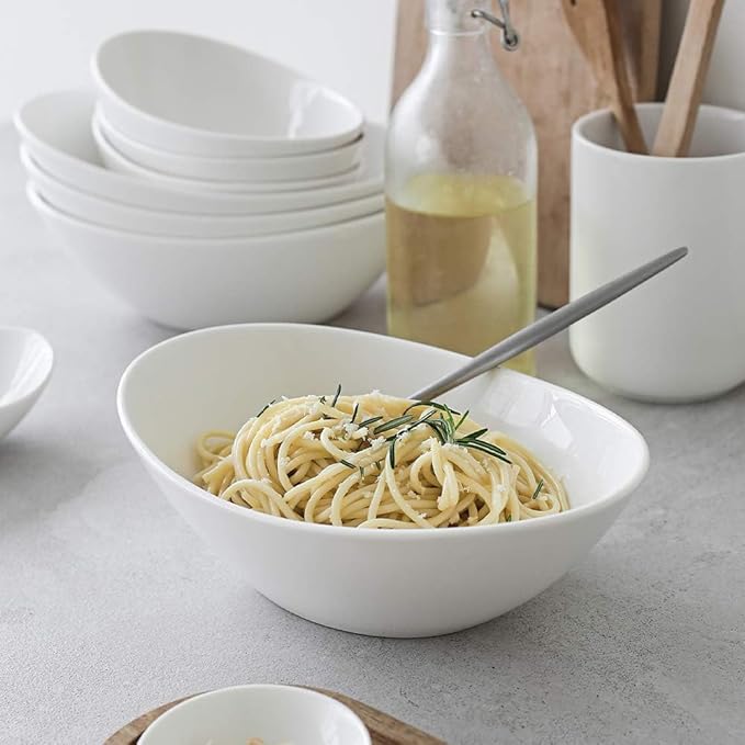 DOWAN 9.25" Serving Bowls, Large Oval Serving Dishes for Wedding and Dinner Parties, 35 Oz for Salad, Side Dishes, Pasta, Oval Shape, Microwave & Dishwasher Safe, Set of 4, Soft White