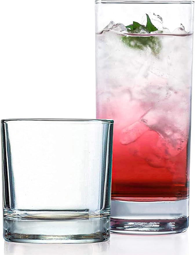 Everyday Drinking Glasses Set of 8 Drinkware Hurricane Glasses, Kitchen Glasses for Cocktail, Iced Coffee, Beer, Ice Tea, Wine, Whiskey, Water, 4 Tall Glass Cups & 4 Short Dof Drinking