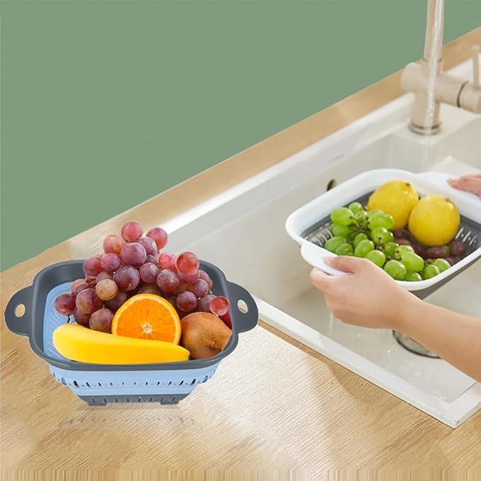 Collapsible Colander Set, Square Round Triangles Silicone Kitchen Strainer Perfect for Draining Pasta Vegetable fruit 2 PCS (10.8"L x 8.6"W x 2"H, Blue & Gray)