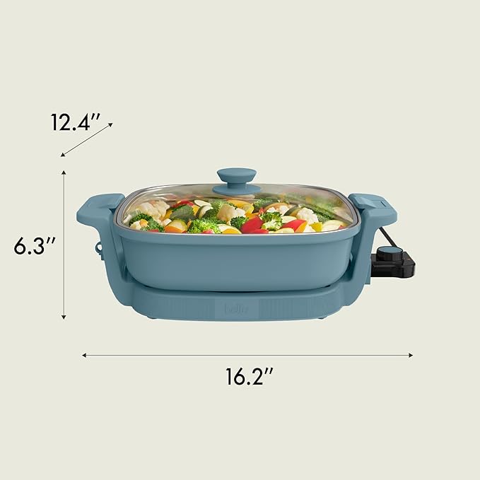 bella Make & Take Electric Skillet, Fits-anywhere™ kitchenware, EverGood™ Ceramic Coating, Adjustable Temperature & Dishwasher-Safe Tempered Glass Lid, Cast Aluminum Base, 1200 Watt, Surf