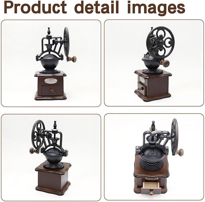Wooden Manual Coffee Grinder Vintage Style Hand Coffee Mill Burr Coffee Grinder with Ceramic Hand Crank,Wooden Manual Coffee Grinder Cleaning Brush(Brown Ferris wheel style）
