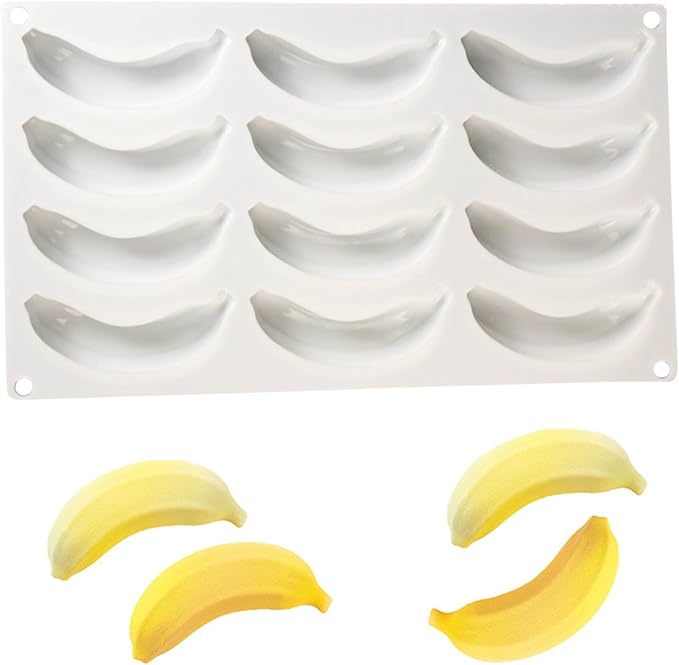 OCPO KITCHEN 3D Banana Shape Silicone Molds for Baking Mousse Cake, 3D Silicone Baking Mold for Candy Pastry Chocolate Truffle Cupcake Jelly Cookie Pudding Cake Decoration Mold, 12-Cavity