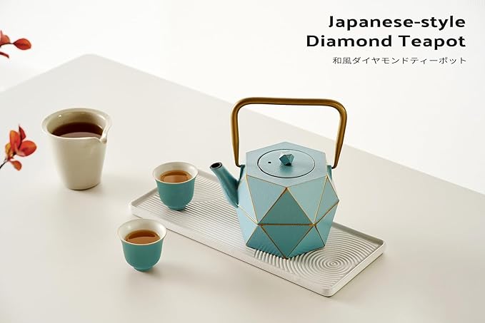 Toptier Cast Iron Teapot, Stovetop Safe Japanese Cast Iron Tea Kettle, Diamond Design Tea Pot with Removable Infuser for Loose Tea, 30 Ounce (900 ml), Blue