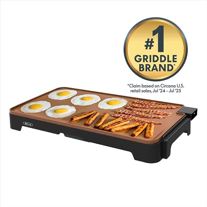 bella XL Electric Ceramic Titanium Griddle, Make 15 Eggs At Once, Healthy-Eco Non-stick Coating, Hassle-Free Clean Up, Large Submersible Cooking Surface, 12" x 22", Copper/Black