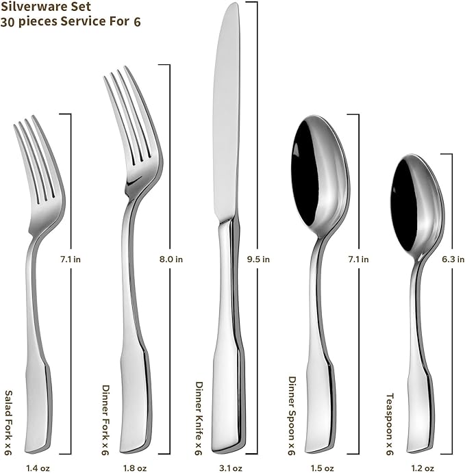 Alata Kate 30-Piece Silverware Set Stainless Steel Flatware Set,Service for 6,Mirror Polished Cutlery Set,Dishwasher Safe