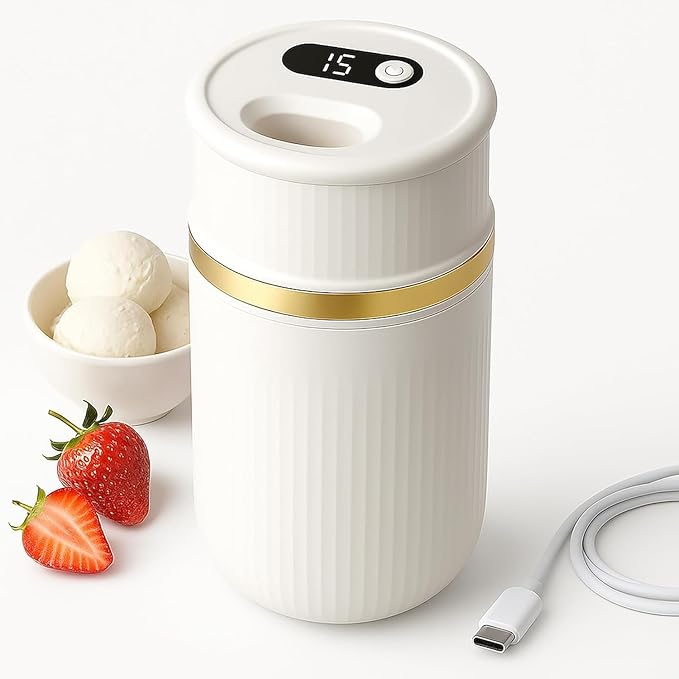 USB-C Rechargeable Portable Ice Cream Maker 0.4 Qt,Cordless Gelato, Sorbet & Frozen Yogurt Machine, Mini Homemade Dessert Maker for Couples, Dorm Kitchens & RVs, Gift-Ready in 15–30 Minutes(Gold)