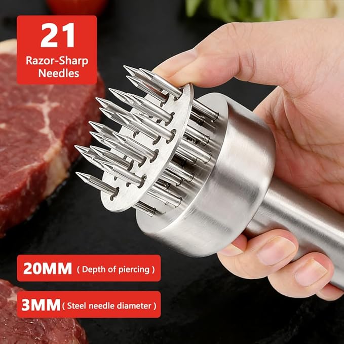 Stainless Steel Meat Tenderizer Tool, 21 Sharp Needles, Chicken Meat Tenderizer, Tenderizing Steak, Beef, Chicken, Pork, Barbecue, Marinating Prep Tool, with Cleaning Brush and Seasoning Jars