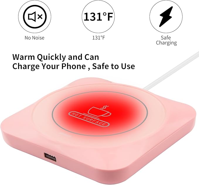 USB Coffee Mug Warmer: Candle Wax Warmer Smart Electric Cup Warmer Charge for Phone Home Desk Office Use Beverage Heating Plate with Gravity Switch for Hot Cocoa Milk Tea Water Pink