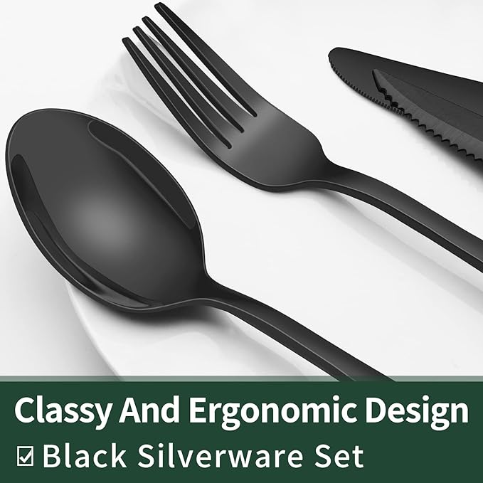 EWFEN 24-Piece Black Silverware Set with Steak Knives, Black Flatware Set for 4, Food-Grade Stainless Steel Tableware Cutlery Set, Mirror Finished Utensil Sets for Home Restaurant, Round Edge