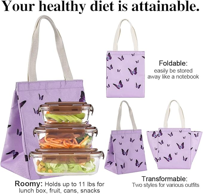 iknoe Insulated Lunch Bag for Women, 9L Durable Wide-Open Foldable & Portable Lunch Tote with Interior Pockets, Water-resistant Thermal Lunch Cooler for Adults Picnic Beach (Purple Butterfly)