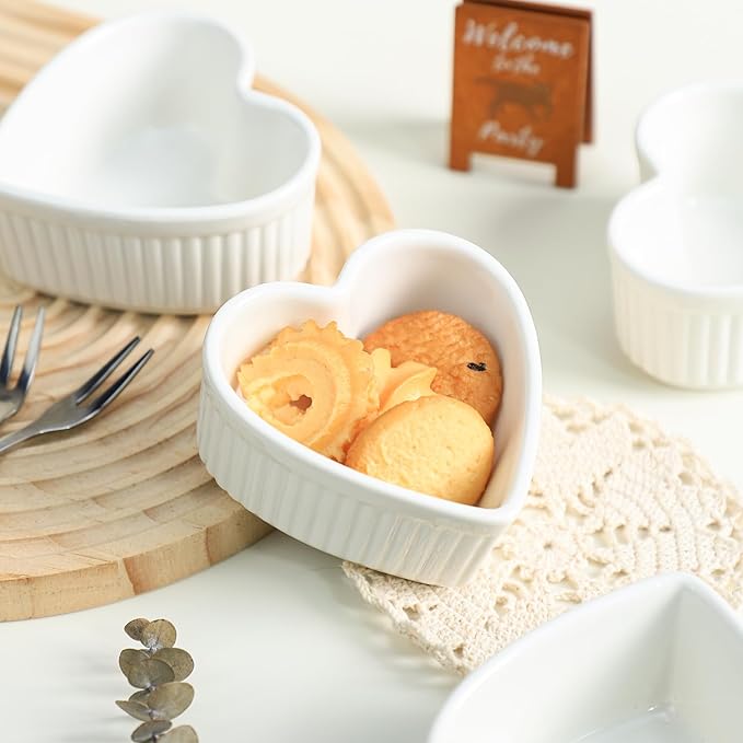 Sizikato Heart-Shaped Porcelain Souffle Dishes, Ramekins - 3.5 Inches for Souffle, Creme Brulee and Dipping Sauces - Set of 4