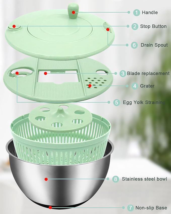 5.3QT Salad Spinner Large,Stainless Steel Lettuce Spinner,Fruit Vegetables Wash Bowl with 5 Blade Slicer,Egg Yolk Strainer Slicer Shredder,Kitchen Colander for Salad Make and Food Washing