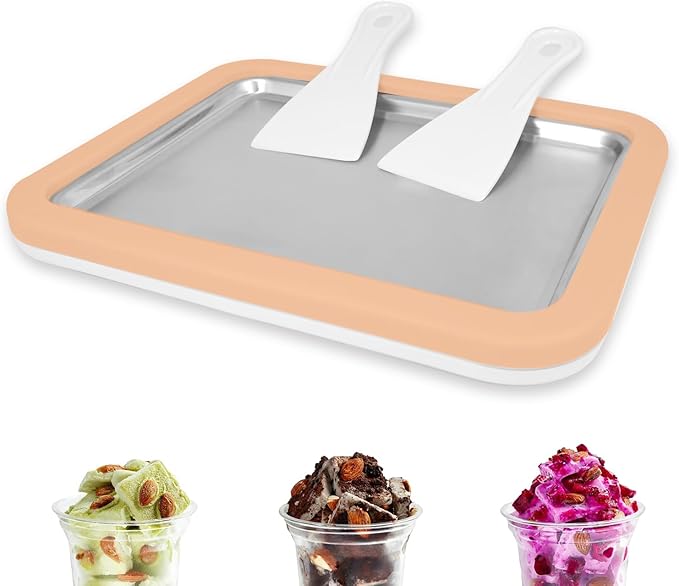 Instant Ice Cream Maker, Rolled Ice Cream Maker, Instant Gelato Pan/Roll, Homemade DIY, with 2 spatula, Frozen Yoghurt Plate Mini Freezer Kit Machine Peach Fuzz