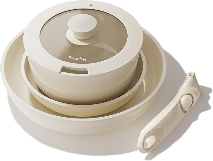 Redchef Truly Non Toxic Pots and Pans Set Non Stick, Upgraded Ceramic Pan and Pot Set, PFAS PTFE PFOA PFOS Free, Kitchen Cookware Set with Detachable Handle, RV Camping with Frying Pans Set