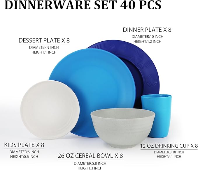 Dinnerware Set 40 PCS Wheat Straw Dishes Set - Service for 8 Unbreakable Plastic Dish Set Microwave Safe Plates and Bowls Sets Lightweight Cups Sets Outdoor Dishes - Island Colors
