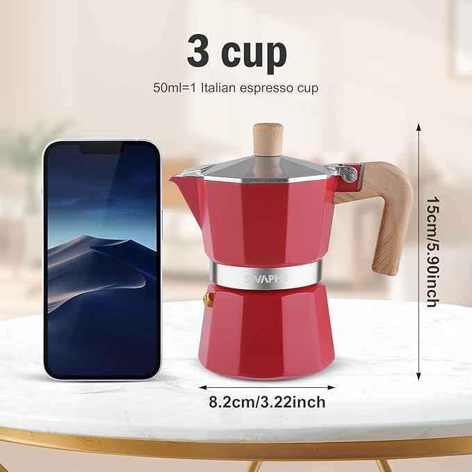 Sivaphe Aluminum Moka Pot 3 Espresso Cups, Percolator Espresso and Coffee Maker, Portable Stovetop Italian and Cuban Café Brewer for Home and Camping Red