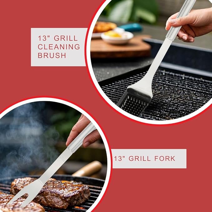 Stainless Steel BBQ Grill Tool Set - Barbecue Accessories & Utensils Sets - 4 Piece Spatula, Tongs, Cleaning Brush, Fork - 13.5" Barbeque Tools Kit - Gift for Grilling Lover Men Outdoor & Kitchen